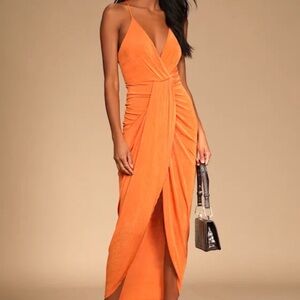 Dreamy Date Orange Surplice Midi Dress